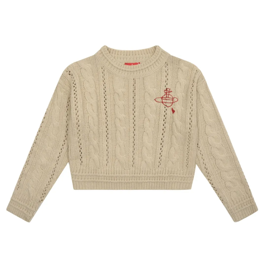 vivienne west wood West Queen Vivian Saturn New Retro "Unisex" Hollow Knitted Sweater Wool Round Neck 2024 Spring Size: S -M- L Color: Apricot Black